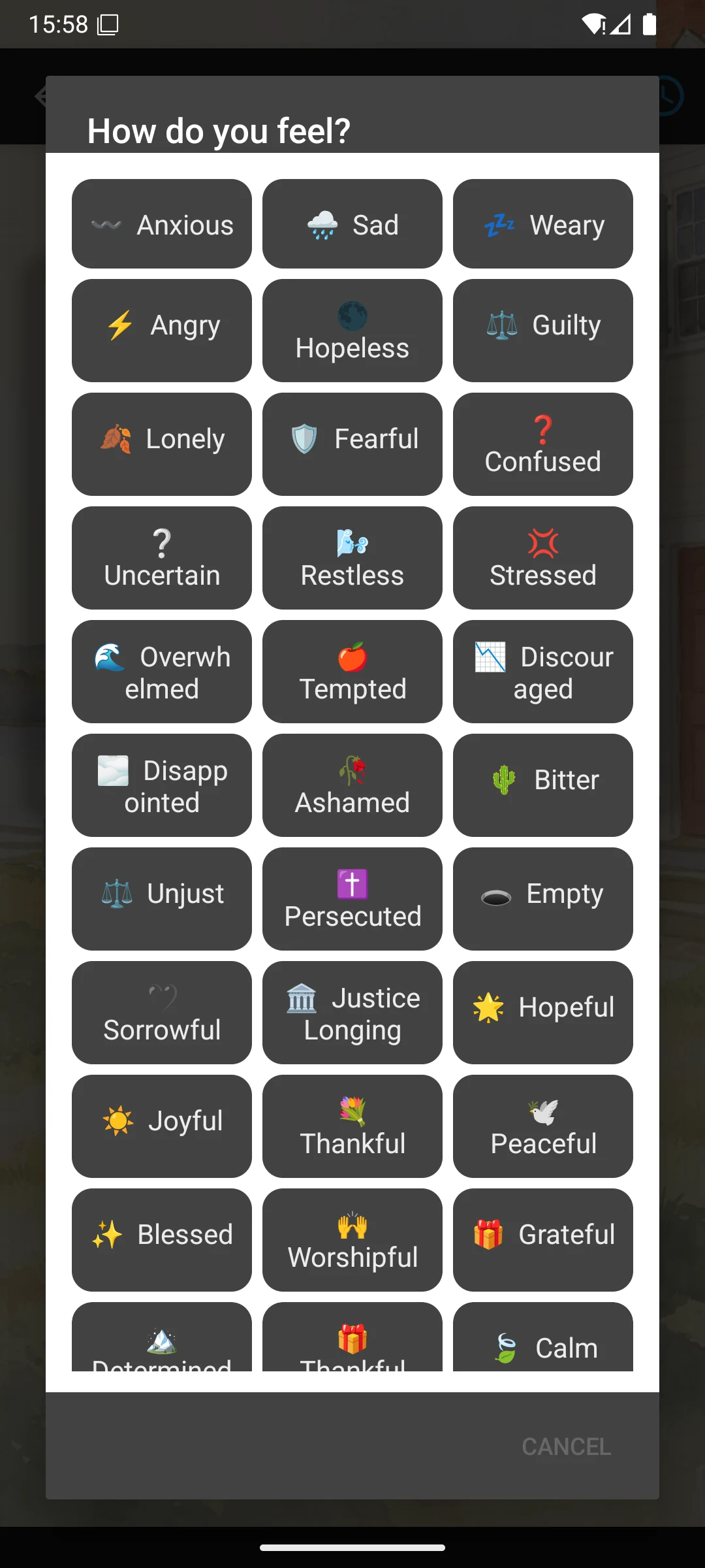 Take a Break emotion picker in the KJV app